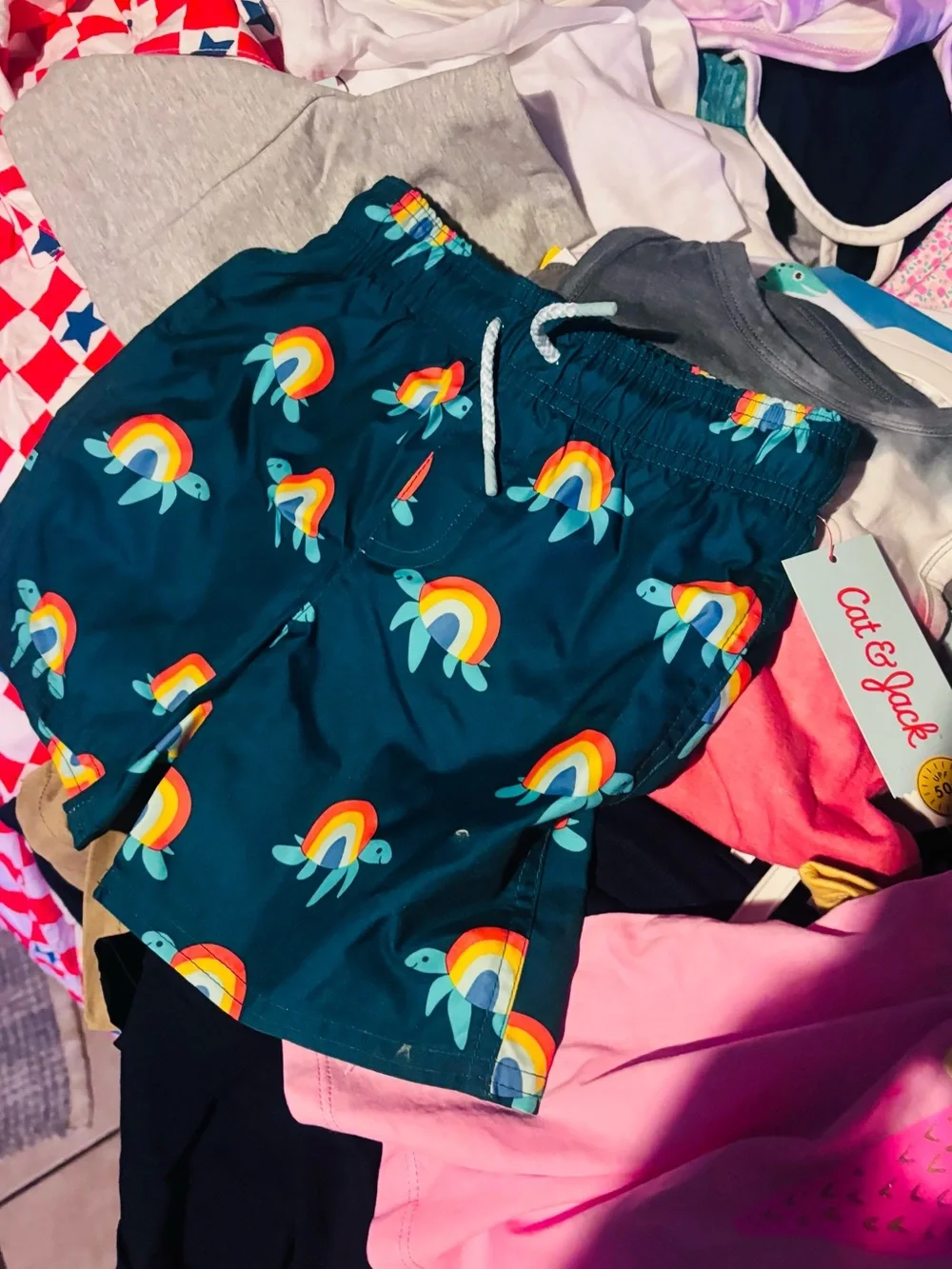 Cat & Jack Teal Swim Shorts with Rainbow Turtle Motif